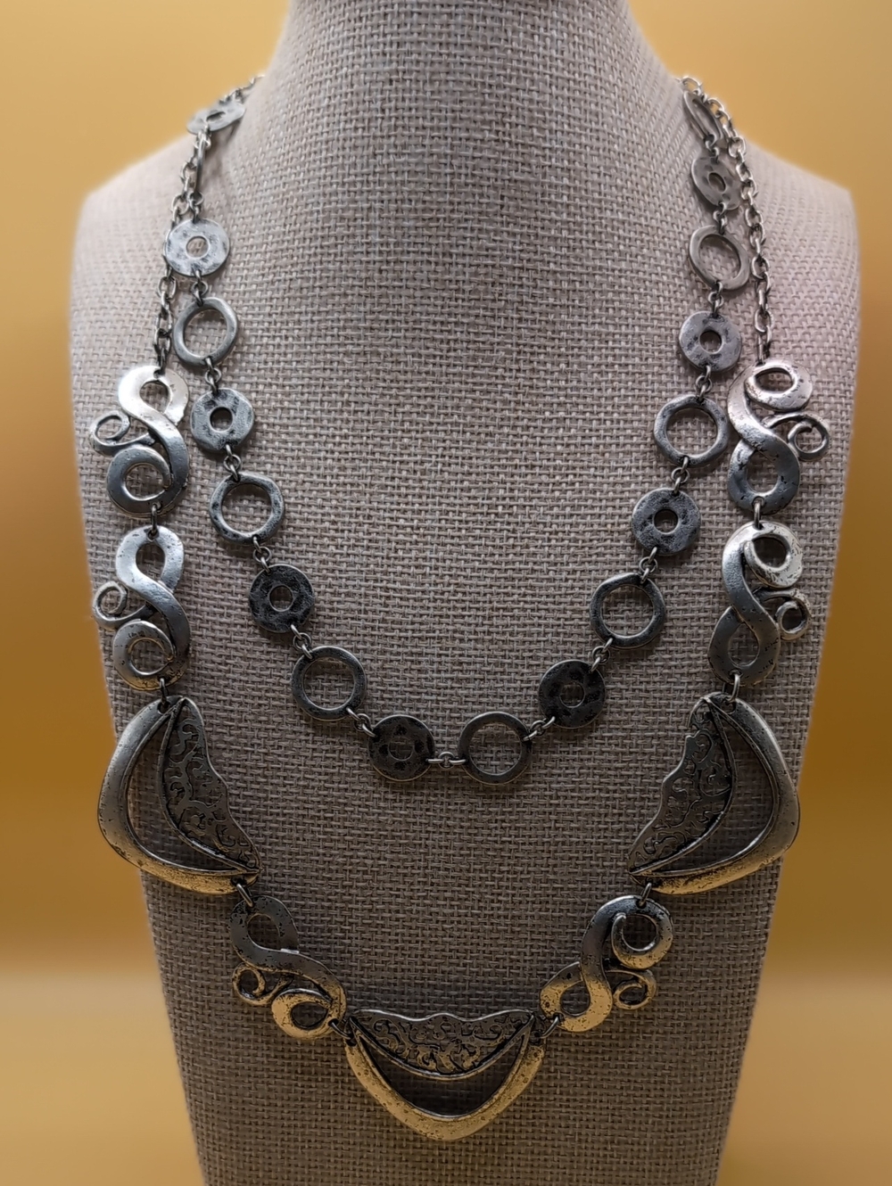 Lot Of 2 Textured Antiqued Silver-Tone Necklaces